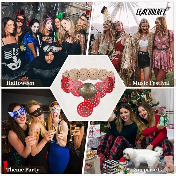 Women's Boho Disc Belt Wide Western Leather Belt Vintage Concho Waist Belts Red - Picture 6 of 6